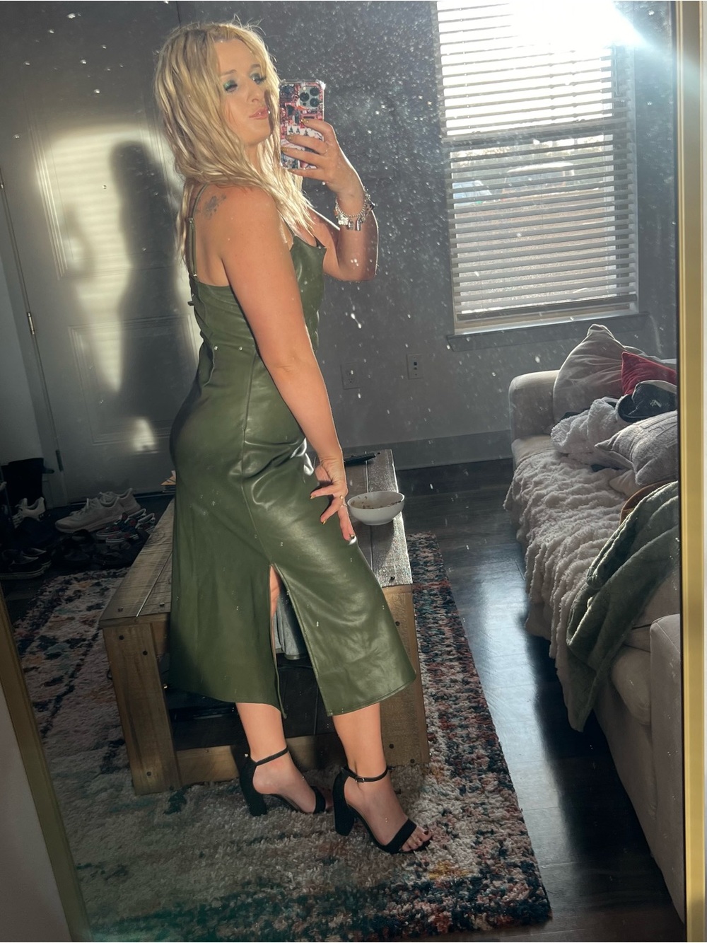 Olive Green Faux Leather Maxi Slip Dress with Spaghetti Straps